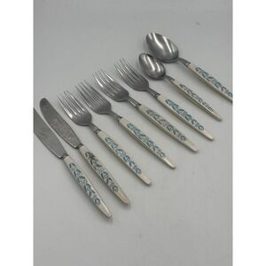 Vtg Lot Of 8 Robinson Stainless USA Plastic Handle Blue Floral Flatware Lot
